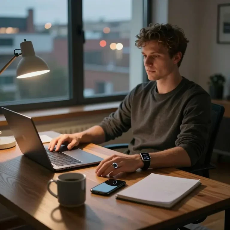 A man at a desk wearing an Oura Ring with an Apple Watch lying nearby, illustrating an Oura Ring vs Apple Watch choice for builders.