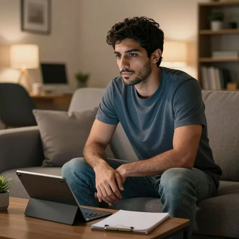 A remote worker relaxes on the sofa, reflecting on how well his shutdown ritual is working.