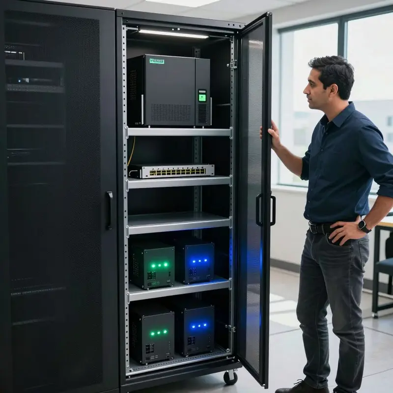 A compact server rack with firewall and node hardware, showing pfSense and Kubernetes working together.