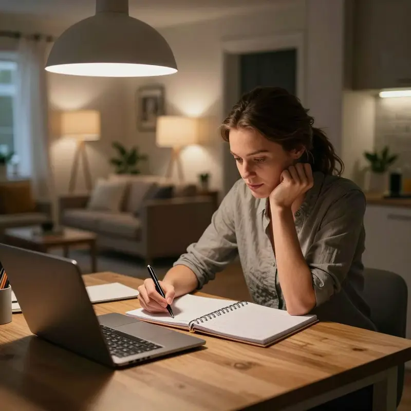 A remote worker sits at a kitchen table, calmly preparing for tomorrow before ending the day.