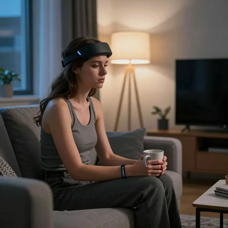 A woman quietly reflects while wearing an EEG headband and HRV bracelet in a dim living room.