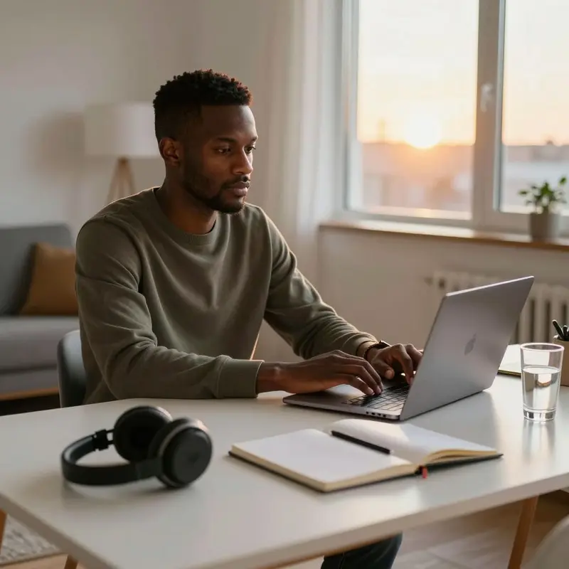 A remote worker closes his laptop to mark a clear end to his home workday.