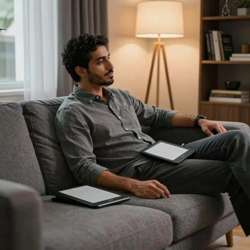 A founder on a sofa holds a Kindle while a reMarkable tablet rests beside them.