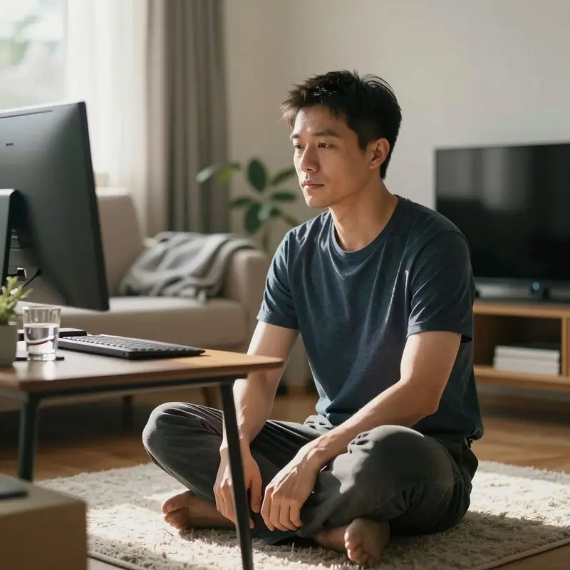 A remote worker sits on a rug beside a closed laptop, taking a calm moment before starting the workday.