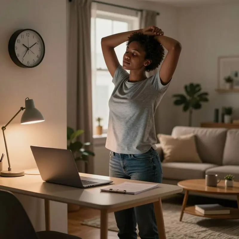 A woman closes her laptop and stretches as she transitions from work time to personal time at home.