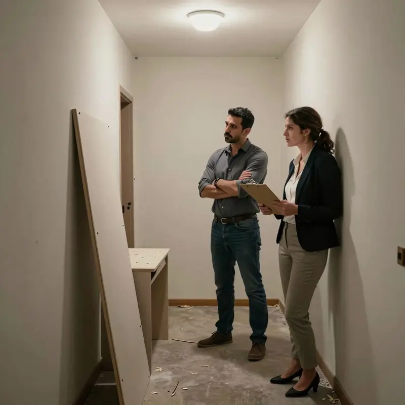 A landlord and renter inspect wall damage left after removing a built-in desk from a hallway workspace.