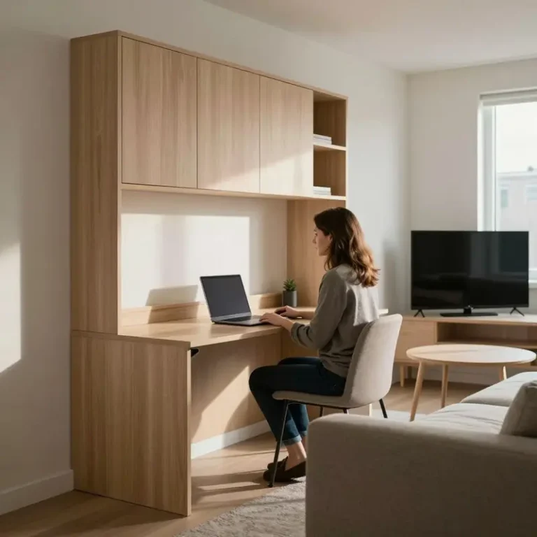 Small rental apartment bedroom-living room combo shows built-in wall office taking over space with clear work from home zone ideas for renters.