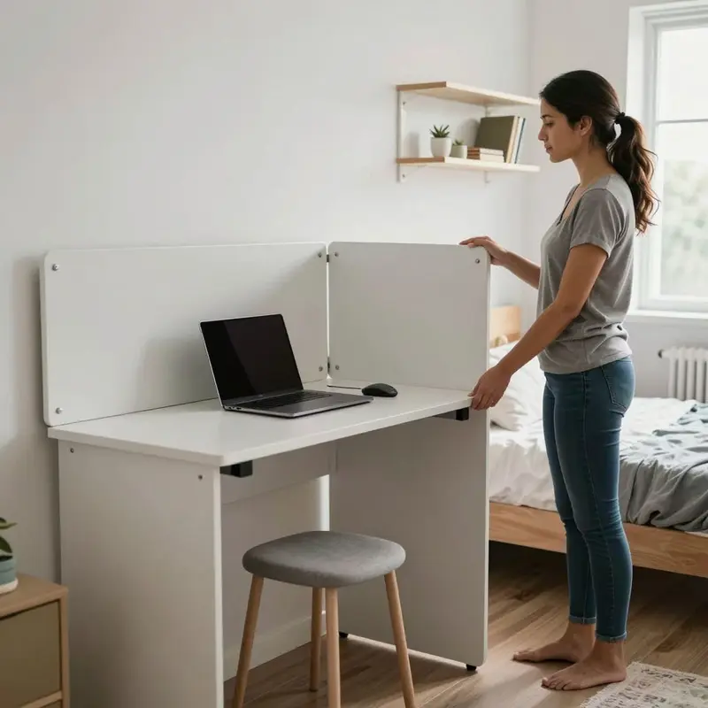 A fold-down wall desk in a rental studio is about to be closed to restore the room to living mode.