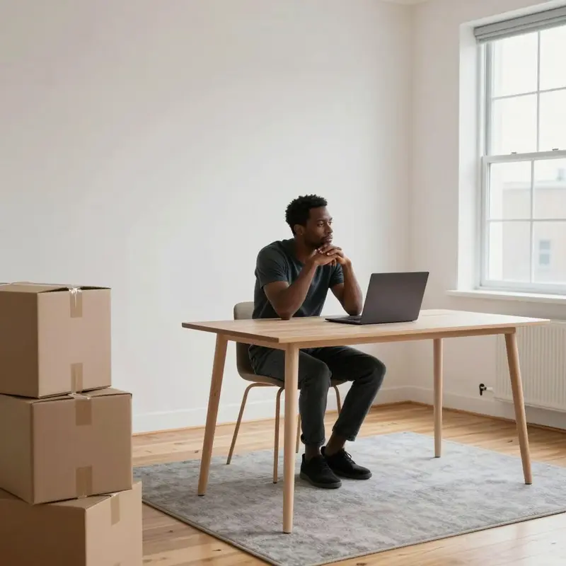A renter in a minimalist studio weighs the choice between flexible furniture and permanent built-in desks.