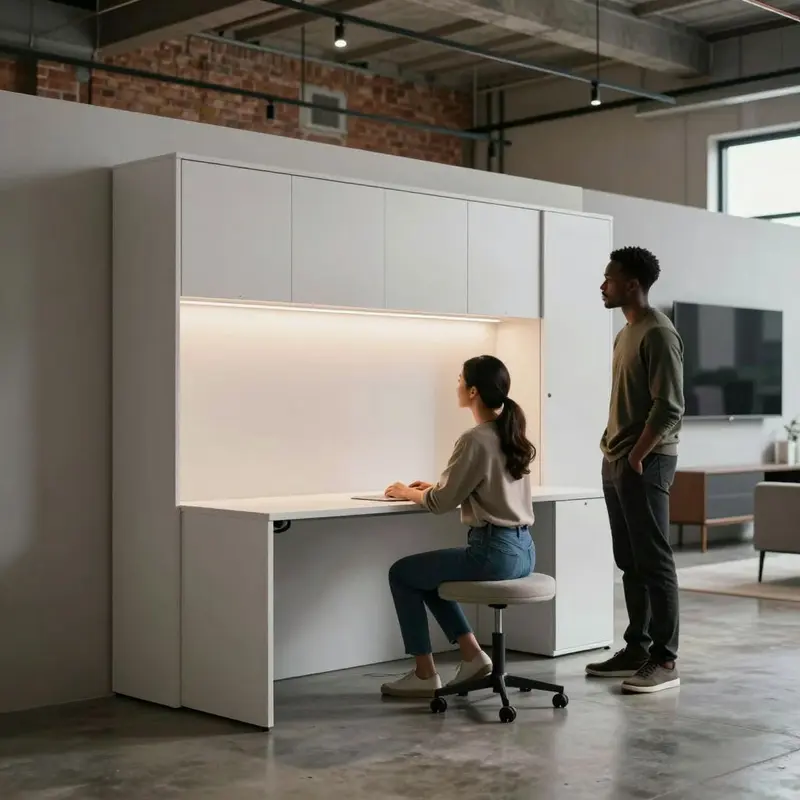 Renters examine a modular, reversible built-in wall system designed for flexible work-from-home setups.