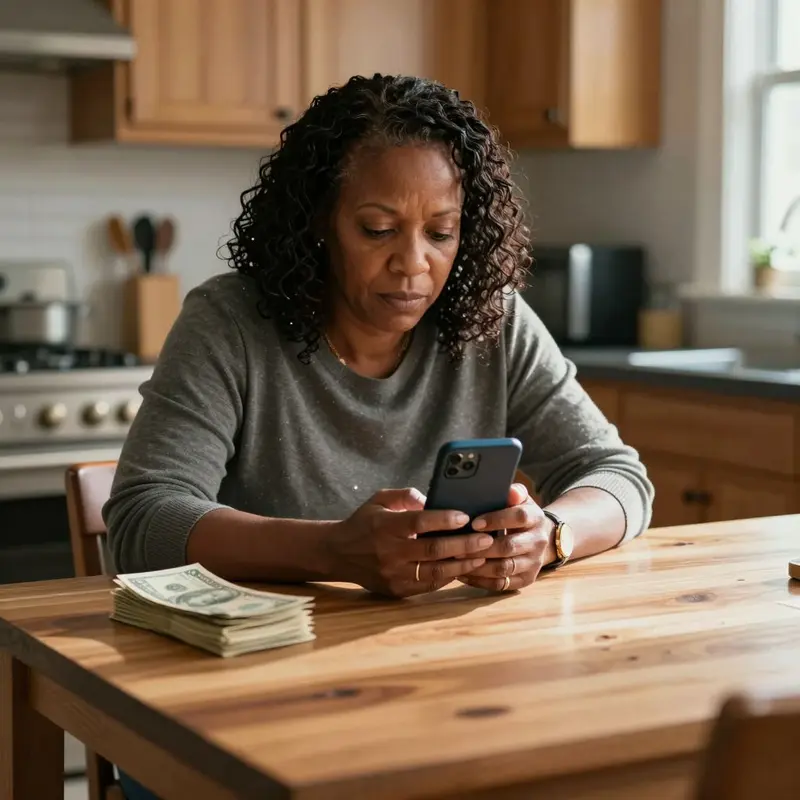 A woman holds her phone at the kitchen table, weighing costs against missing budgeting features.