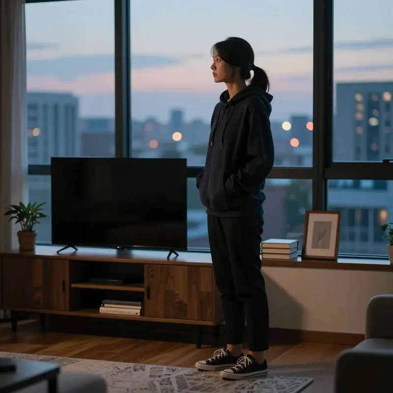 A woman stands by a window at dusk, looking out over the city with a pensive expression.