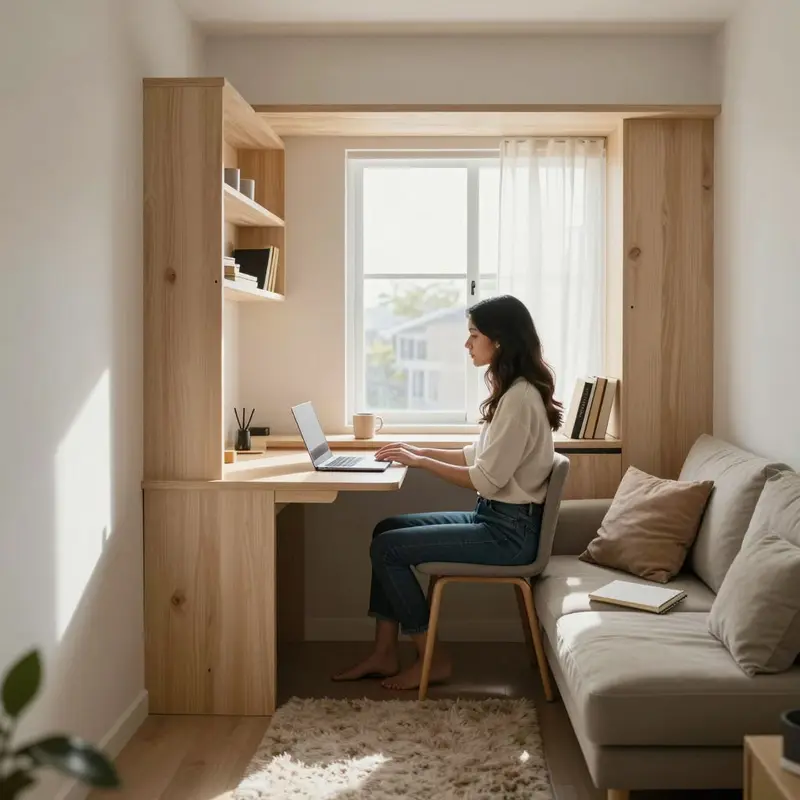 A compact built-in work nook clearly separated from the living area in a small rental apartment.