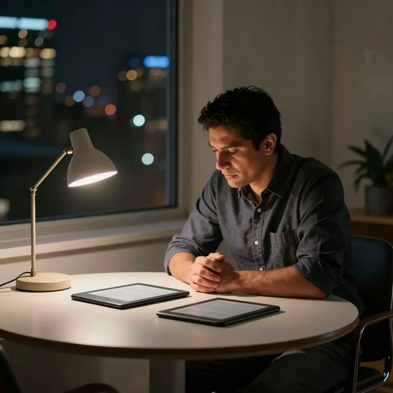 A founder at a small table weighs a Kindle and a reMarkable tablet under a warm desk lamp.