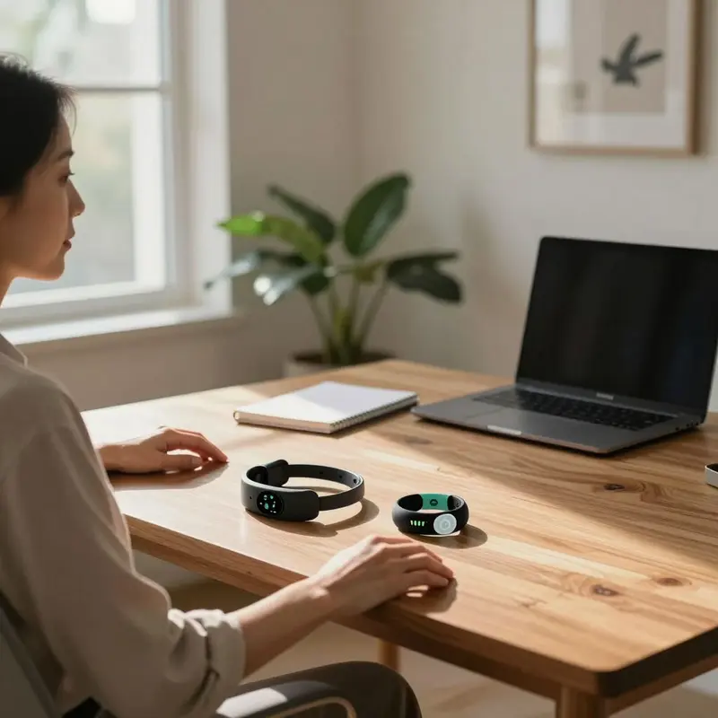 A woman sits at her desk contemplating an EEG headband and an HRV bracelet placed side by side.