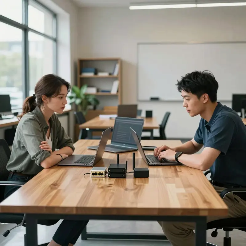 Coworkers seated at a table with networking gear, considering where a Tailscale mesh delivers real value.
