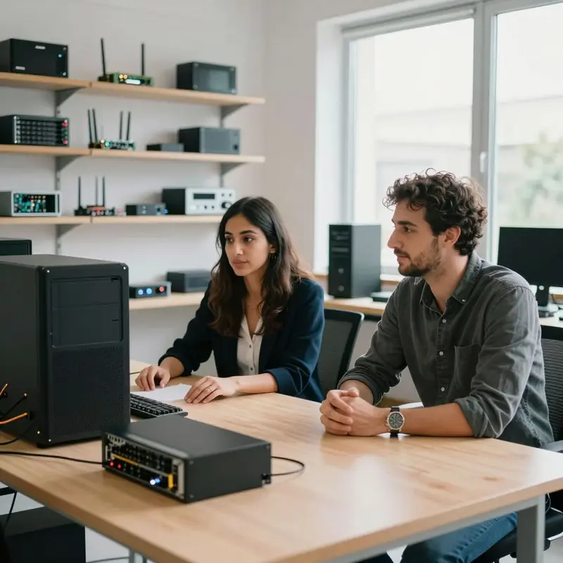 A bright studio workspace showcases compact servers and gear that signal local AI moving into everyday use.