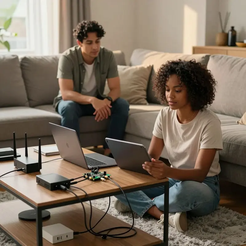 Multiple devices arranged together in a living room, representing how Tailscale makes any device feel local.