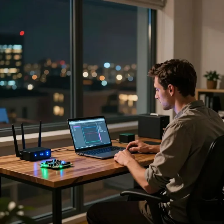 Person sitting at a desk with laptop and small network hardware that could be part of a Tailscale private mesh setup.