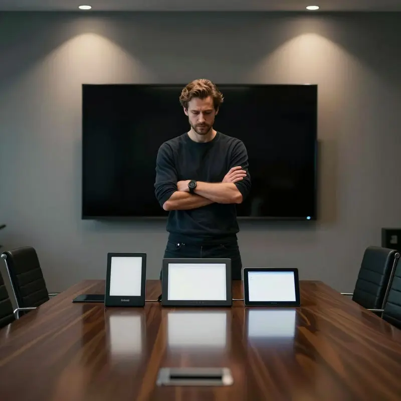 A tech founder studies a Kindle and a reMarkable tablet on a glossy conference table.