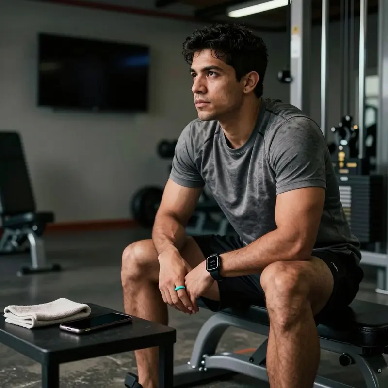 A lifter on a gym bench wears both an Oura Ring and Apple Watch during a paused workout.