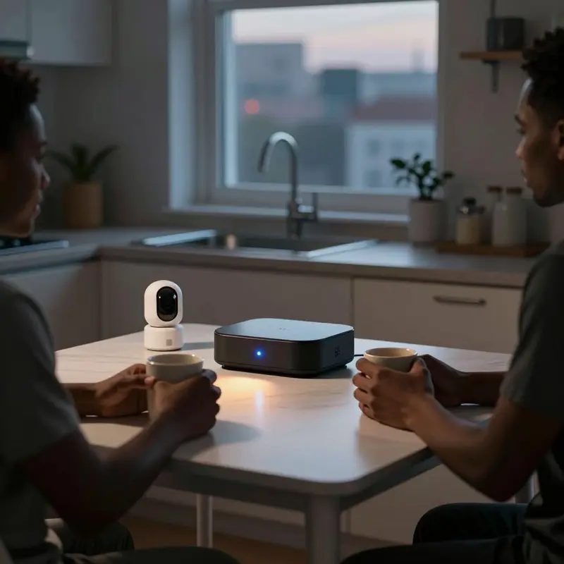 A renter sits by always-on smart security gear, raising questions about where stored footage really ends up.