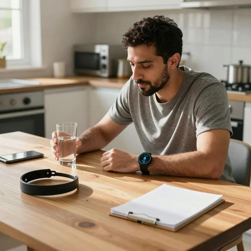 A man starts his day with an HRV bracelet on while an unused EEG headband sits on the table.