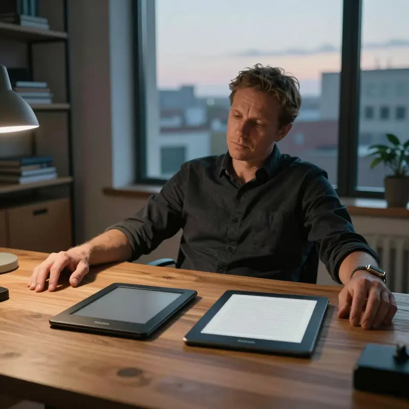 A founder compares a Kindle and a reMarkable tablet on a quiet desk at dusk.
