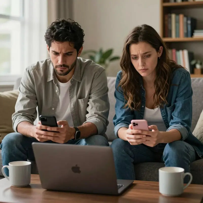 Two Android users sit together, visibly frustrated by missing budgeting app features.
