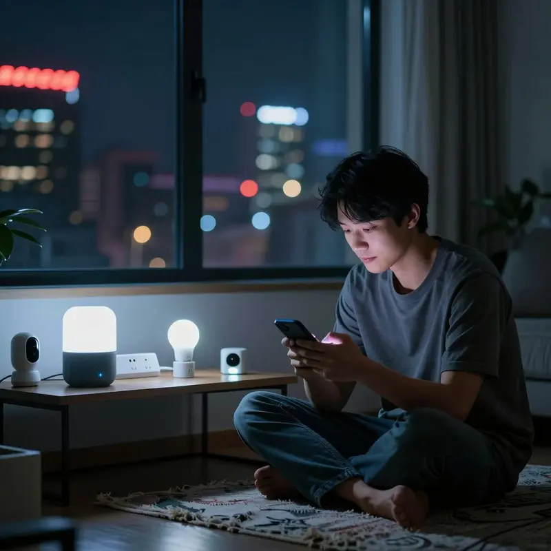A renter sits among several connected devices, hinting at constant vendor and app tracking.