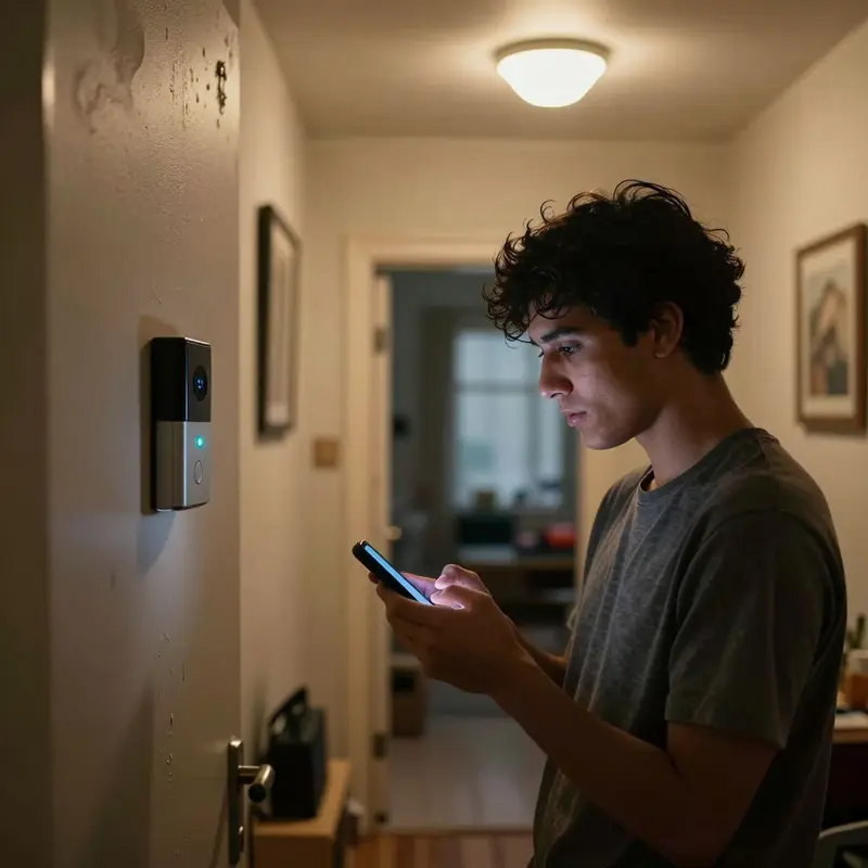 A renter hesitates by a budget smart doorbell, highlighting the risks of weak or default passwords.