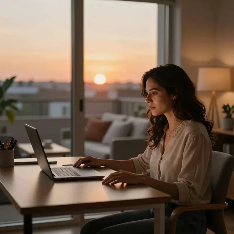 Hispanic woman at a home office desk with a closed laptop at sunset, hands resting as she completes her work from home end of day routine.