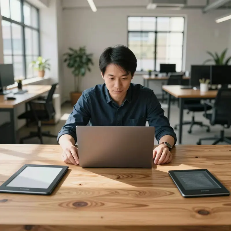 A founder at a loft table places a reMarkable and a Kindle on either side of a closed laptop.