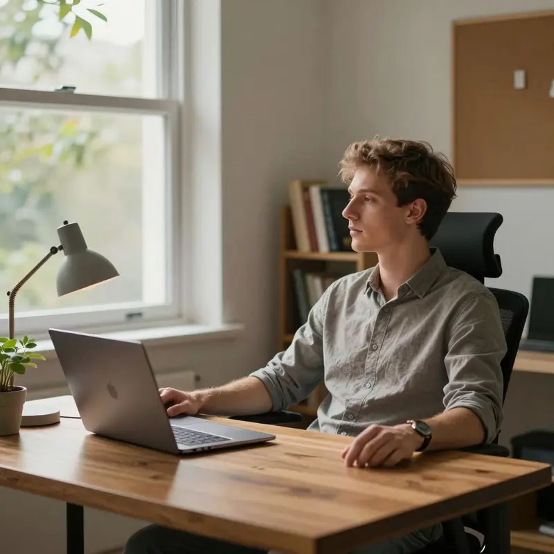 A man sits in a clean, light-filled home office designed to support calm, focused remote work.