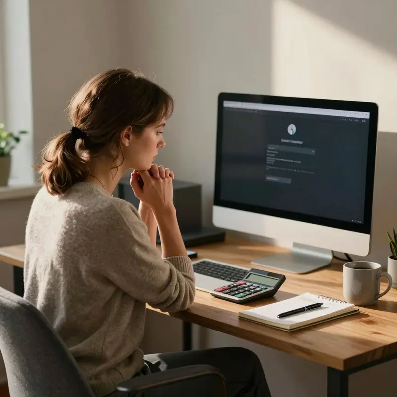 Shopify owner quietly reviews costs at a desk, weighing subscription pricing against potential login loss.