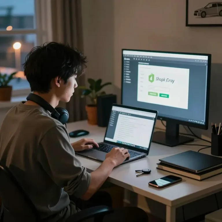 Asian Shopify seller sitting at a desk with both hands resting near a laptop, preparing 1Password shared vault setup before Black Friday.