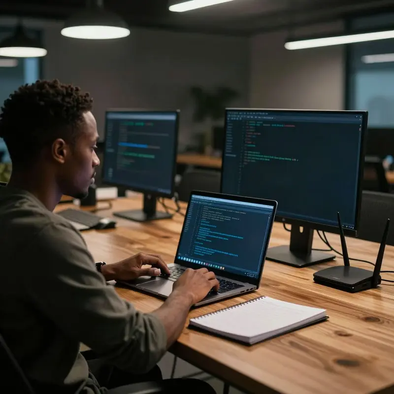 Developer pauses in a quiet co-working space, surrounded by powered-down gear after addressing technical constraints.