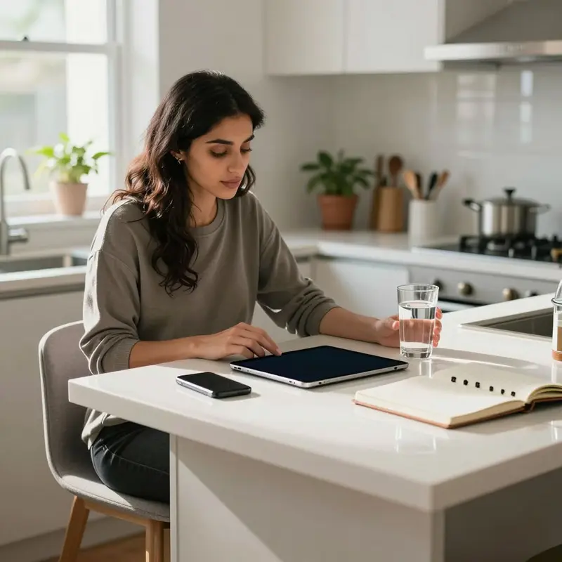 Shopify seller pauses at a kitchen island workspace, reflecting on how to keep shared vaults clean and reliable.