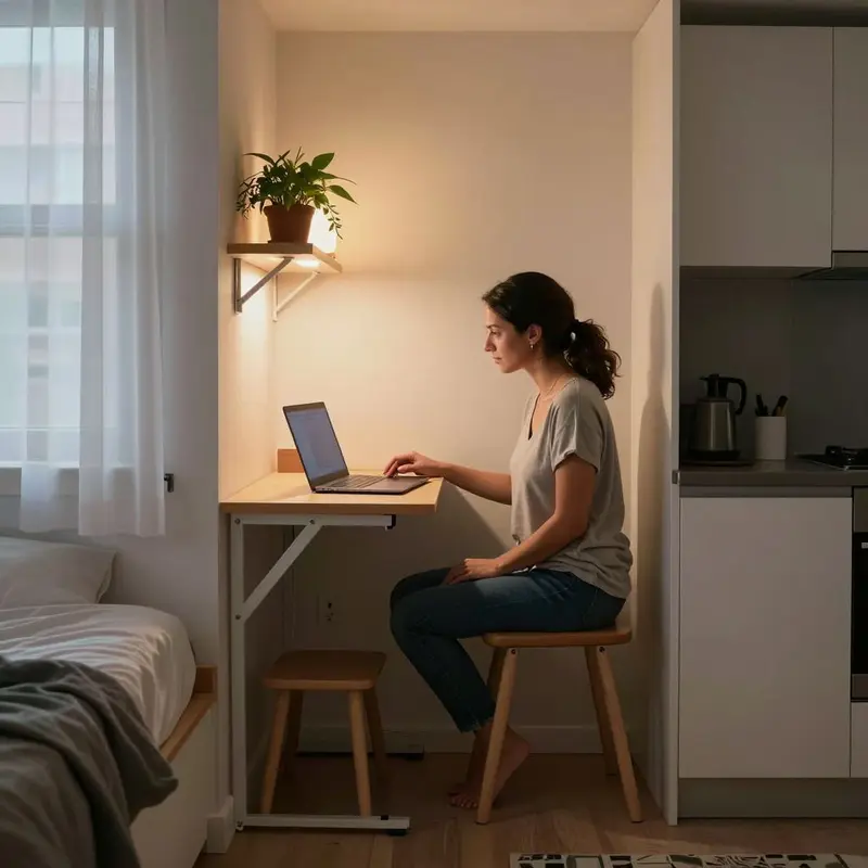 A tiny studio rental cleverly adapted with a fold-down desk to create a resilient workspace.