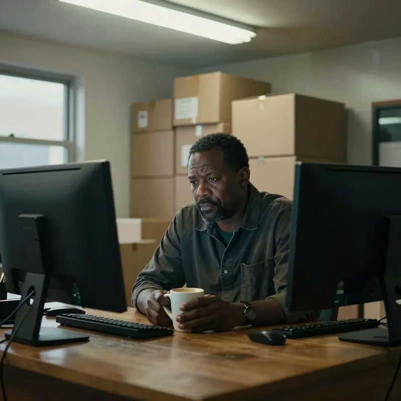 A small shop owner sits in a storage room, pausing in front of an unused computer.