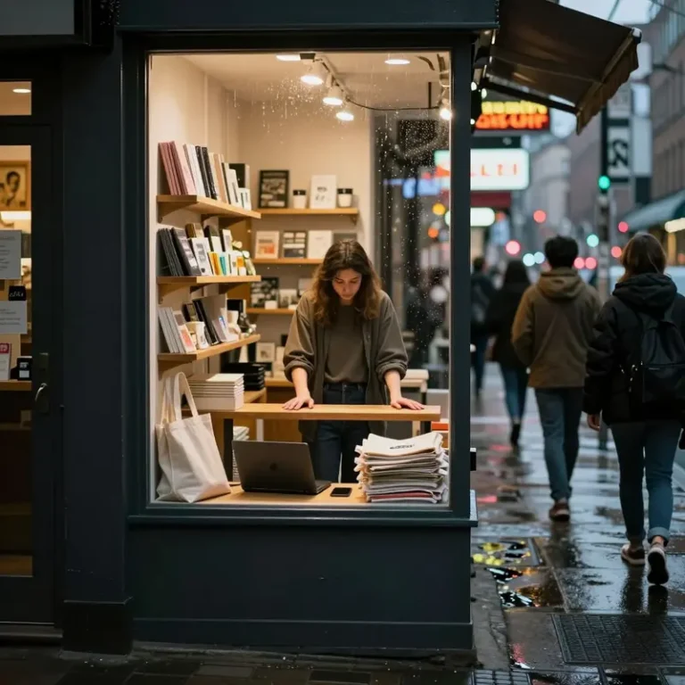 Indie store owner stands behind a counter in a small shop at night as crowds pass outside, illustrating AI shopping agents impact on small businesses and indie stores.