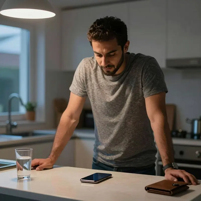 A tense man leans over his kitchen counter, staring at an idle phone after poorly timed savings transfers.