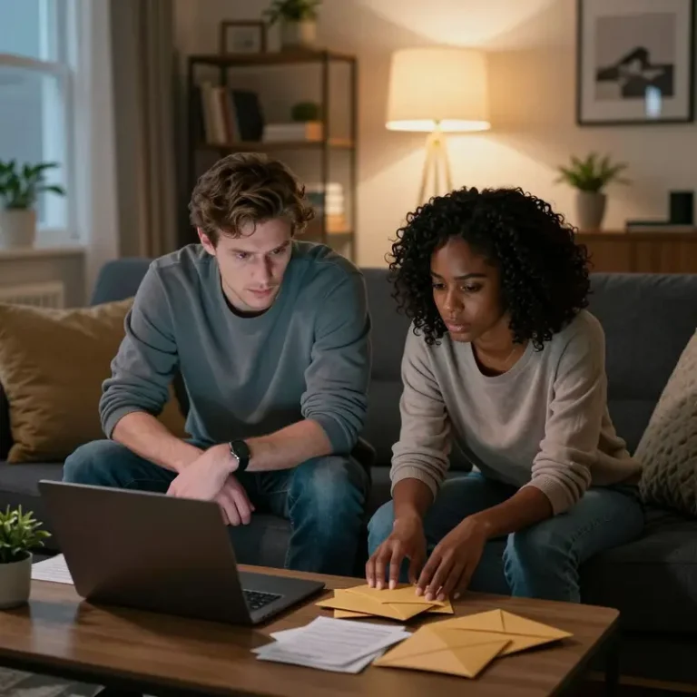 A couple sits on a sofa leaning over bills and a closed laptop, showing concern about hidden costs of budgeting apps and money leaks.