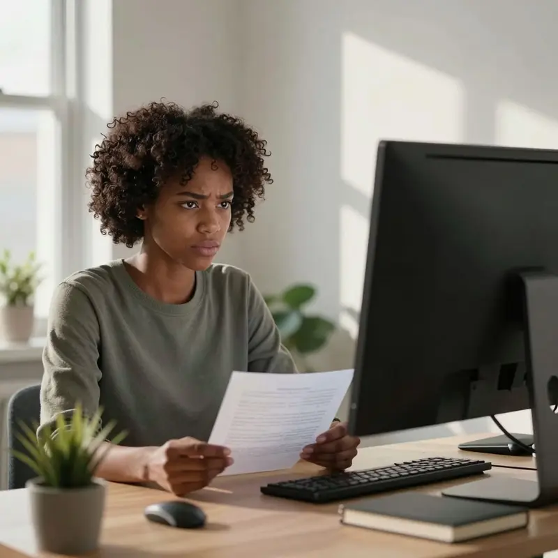 A skeptical woman studies a bill at her desk, reflecting on fees that reduce her negotiated savings.