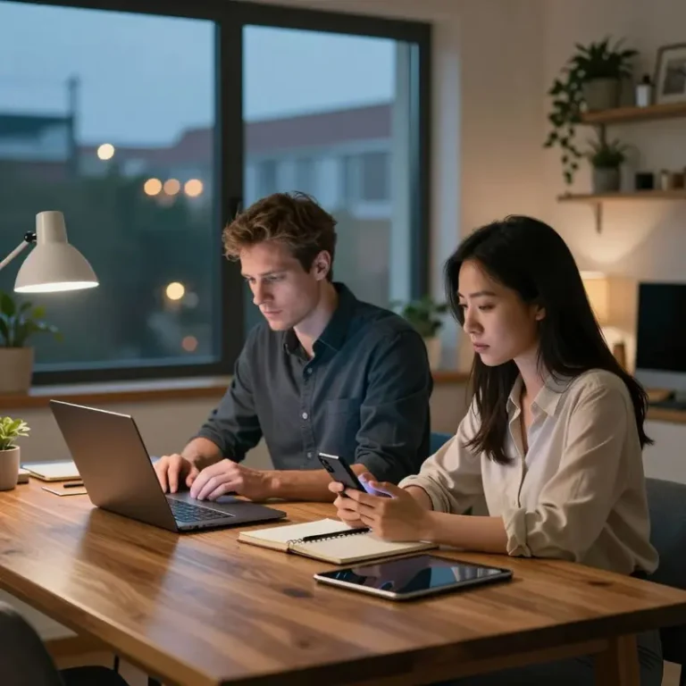 Man and woman seated at a home table with closed and dark devices, illustrating cognitive load in user interfaces across daily tools.