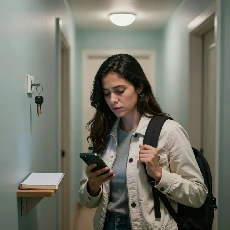 A woman pauses in a hallway with her phone and backpack, slowed down by a complicated process.