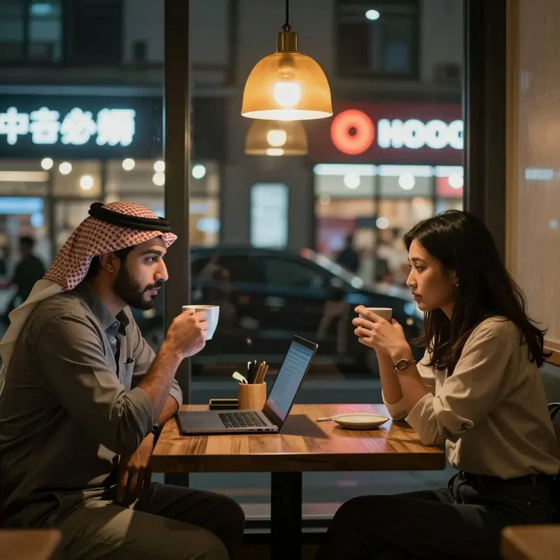 Two small business owners sit in a café at night with a closed laptop between them.