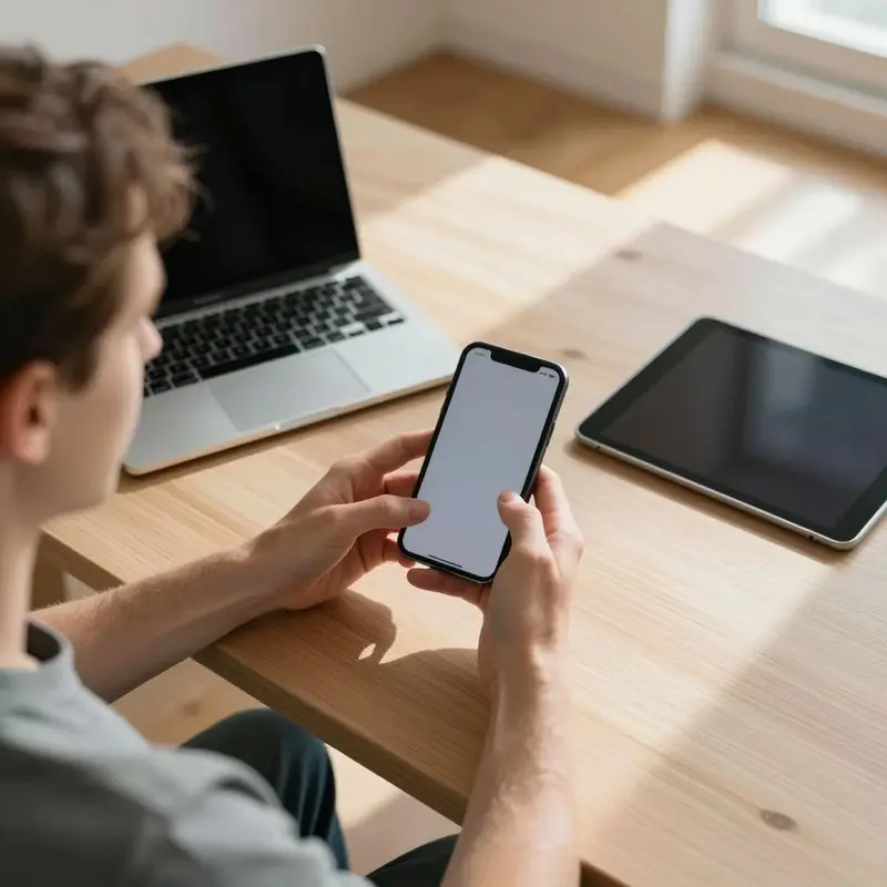 A remote worker sits at a desk surrounded by devices that physically represent where their schedule lives.