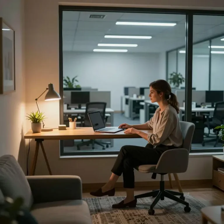 Cozy home office setup ideas shown as a warm apartment desk nook facing a bright corporate cube office through a large window.