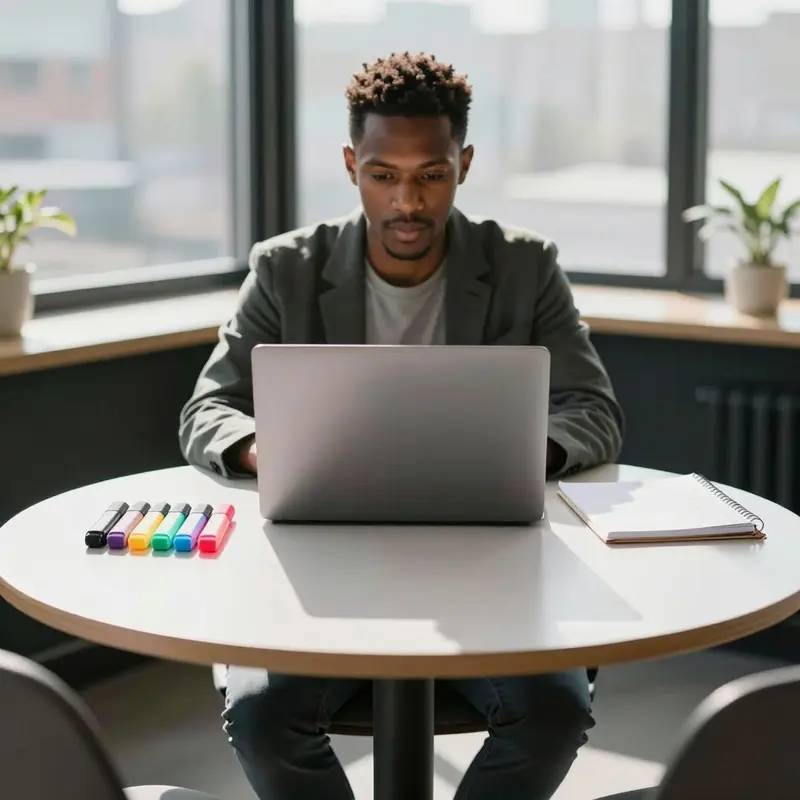 A worker at a sunlit table rests hands on a laptop beside colorful tools, hinting at customization choices.